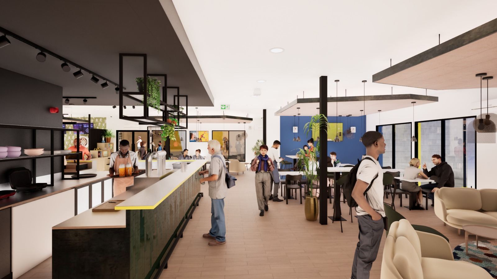 Visuel du futur Sports Bar de LA BASE : comptoir, tables et espace lounge